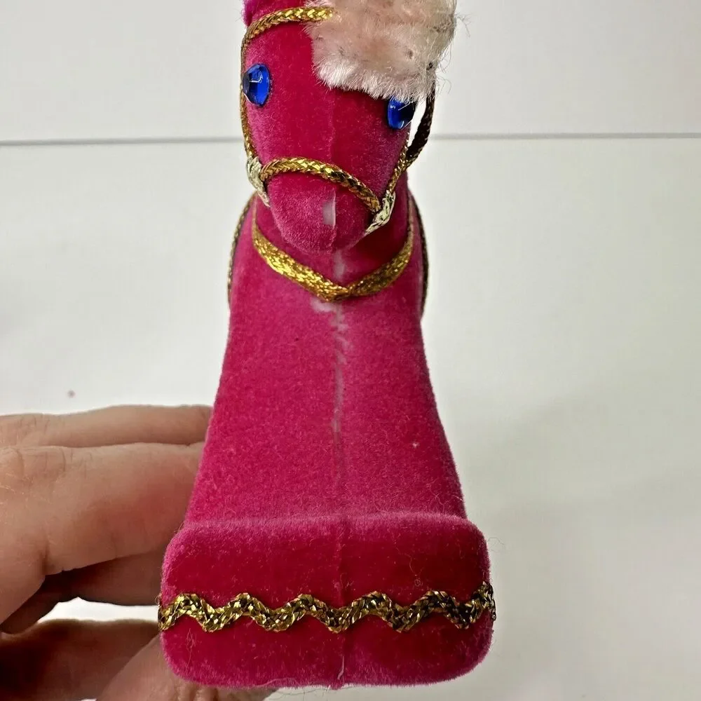 2 Vtg Rocking Horse Flocked Christmas Ornaments Kitschy Red Pink Pipe Cleaner 4
